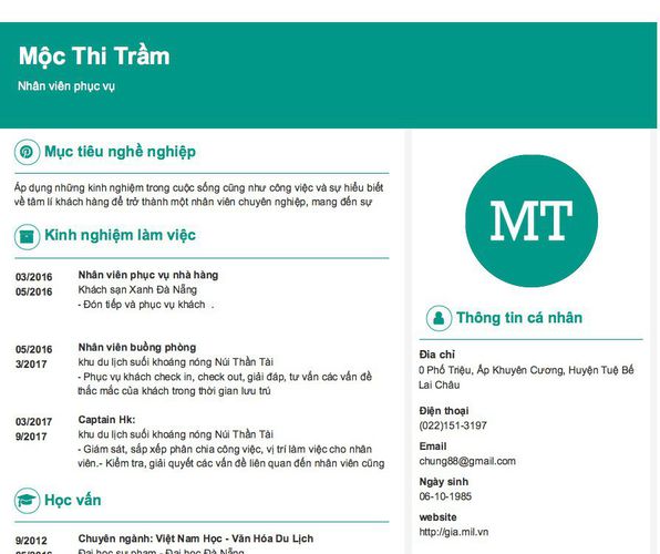 Mẫu CV Nhân viên phục vụ