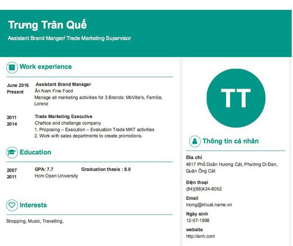 Mẫu CV Assistant Brand Manger/ Trade Marketing Supervisor