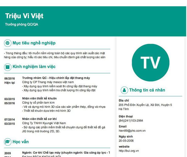 Mẫu CV Trưởng phòng QC/QA