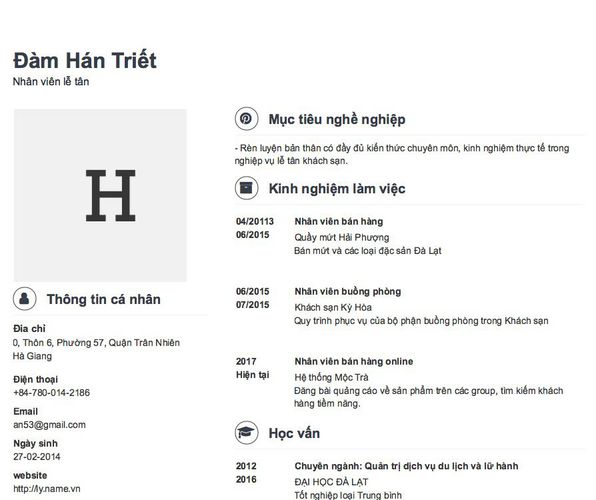 Mẫu CV Nhân viên lễ tân