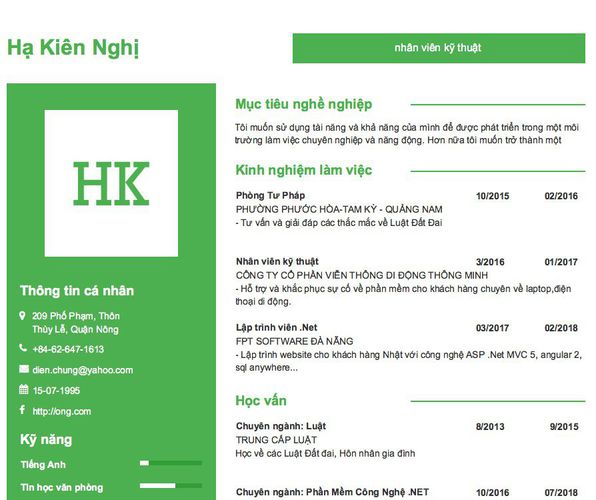 Mẫu CV nhân viên kỹ thuật