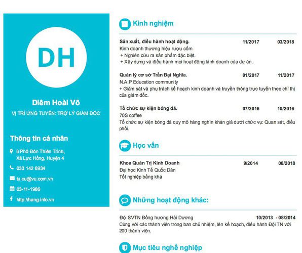 Mẫu CV VỊ TRÍ ỨNG TUYỂN: TRỢ LÝ GIÁM ĐỐC
