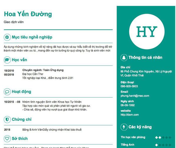 Mẫu CV Giao dịch viên