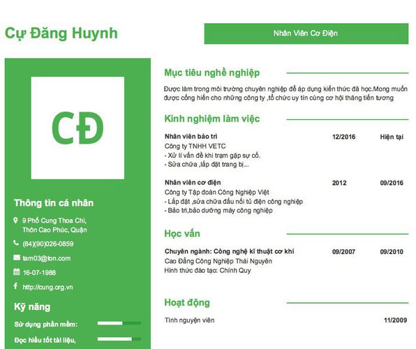 Mẫu CV Nhân Viên Cơ Điện