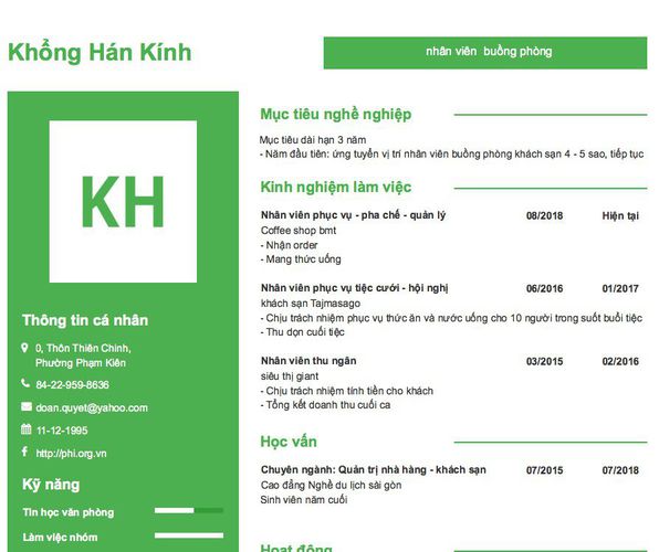 Mẫu CV    nhân viên  buồng phòng