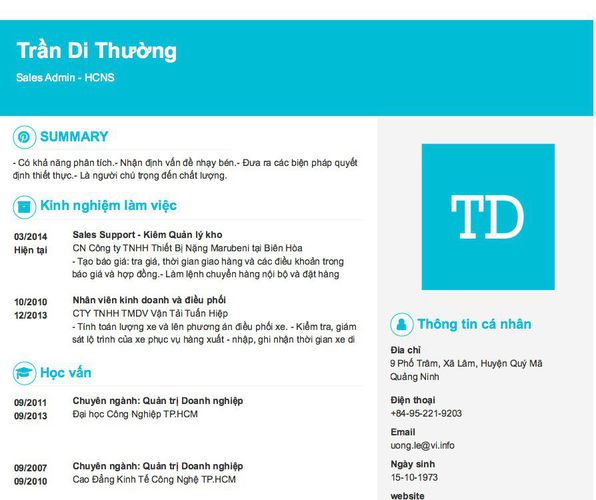 Mẫu CV Sales Admin - HCNS