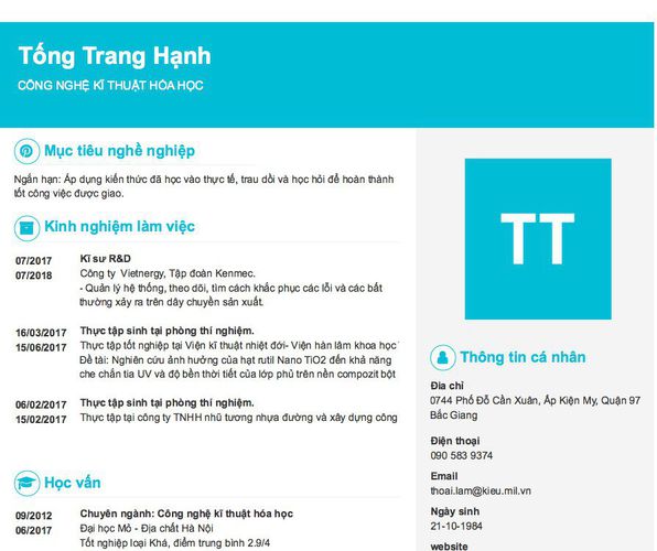 Mẫu CV CÔNG NGHỆ KĨ THUẬT HÓA HỌC