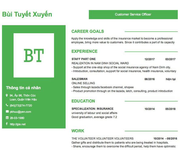 Mẫu CV Customer Service Officer
