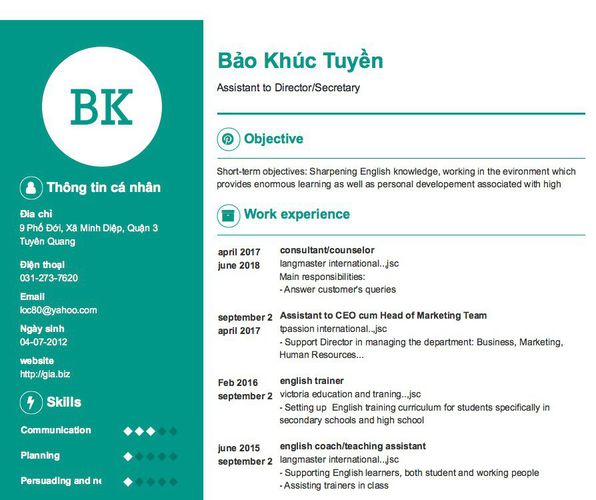 Mẫu CV Assistant to Director/Secretary