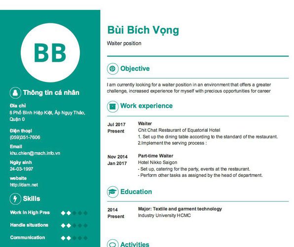 Mẫu CV Waiter position