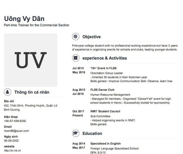 Mẫu CV Part-time Trainee for the Commercial Section
