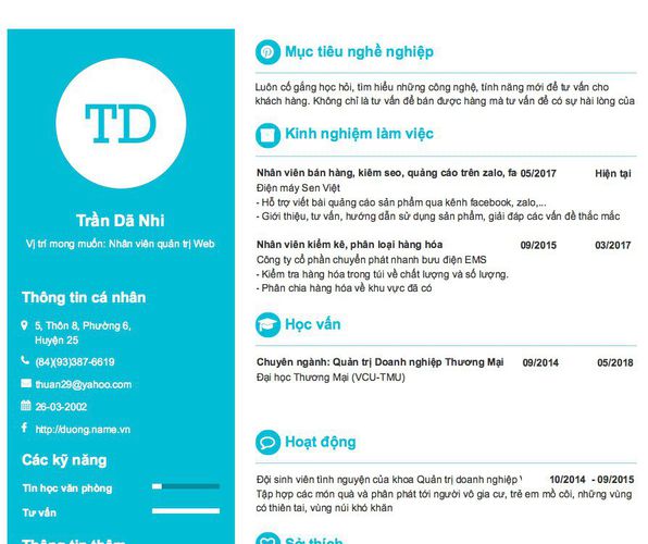 Mẫu CV Vị trí mong muốn: Nhân viên quản trị Web