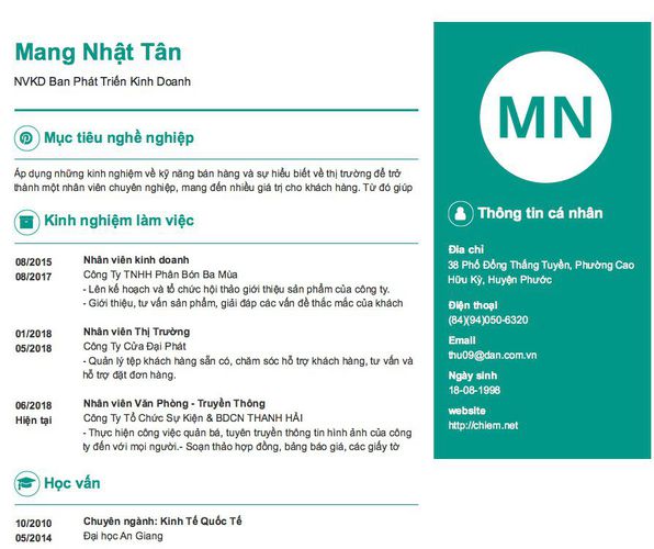 Mẫu CV NVKD Ban Phát Triển Kinh Doanh