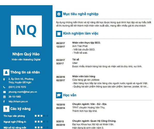 Mẫu CV Nhân viên Maketing Digital