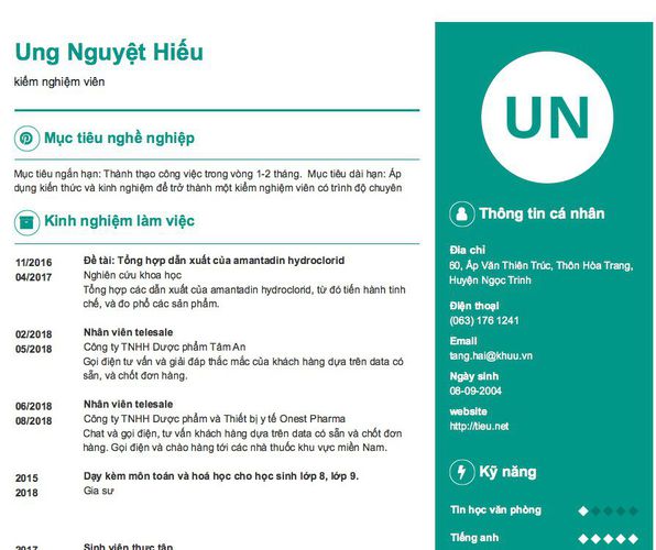 Mẫu CV kiểm nghiệm viên