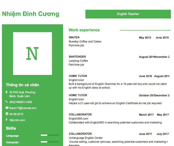 Mẫu CV English Teacher
