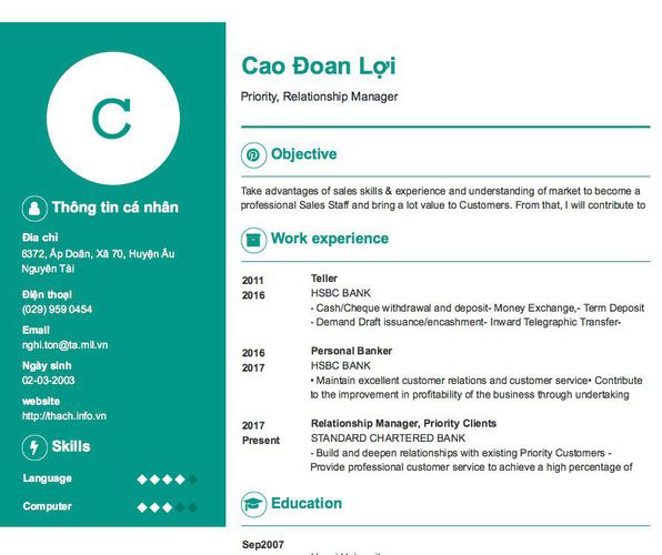 Mẫu CV Priority, Relationship Manager