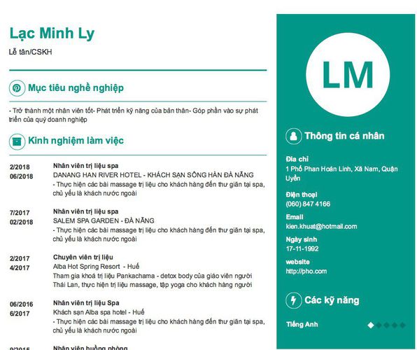 Mẫu CV Lễ tân/CSKH