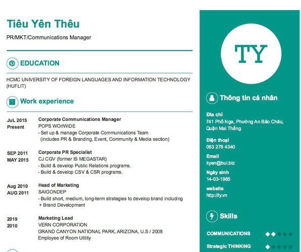 Mẫu CV PR/MKT/Communications Manager
