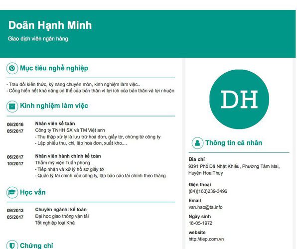Mẫu CV Giao dịch viên ngân hàng