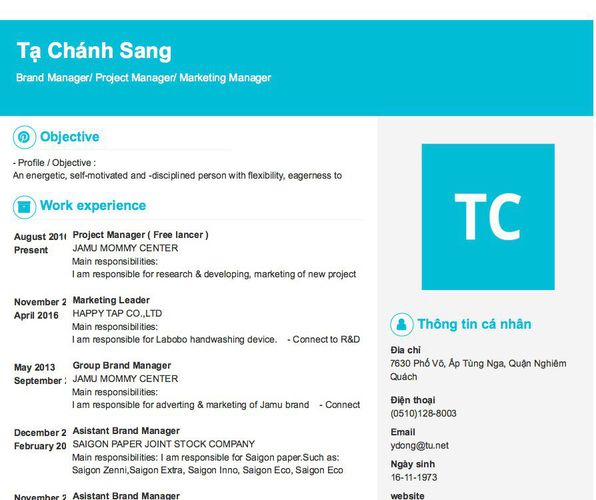 Mẫu CV Brand Manager/ Project Manager/ Marketing Manager
