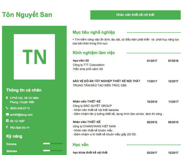 Mẫu CV Nhân viên thiết kế nội thất