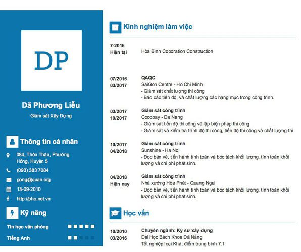 Mẫu CV Giám sát Xây Dựng