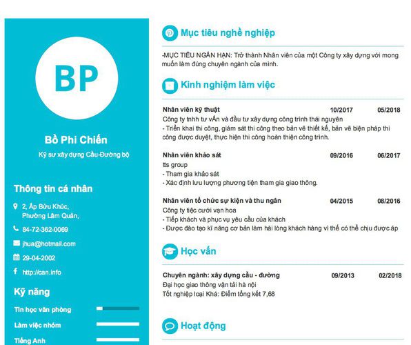 Gợi ý cách viết Mẫu CV tham khảo          Kỹ sư xây dựng Cầu-Đường bộ