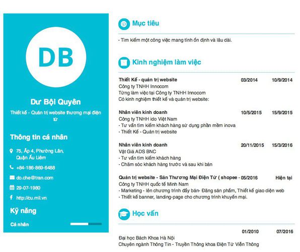 Mẫu CV Thiết kế - Quản trị website thương mại điện tử