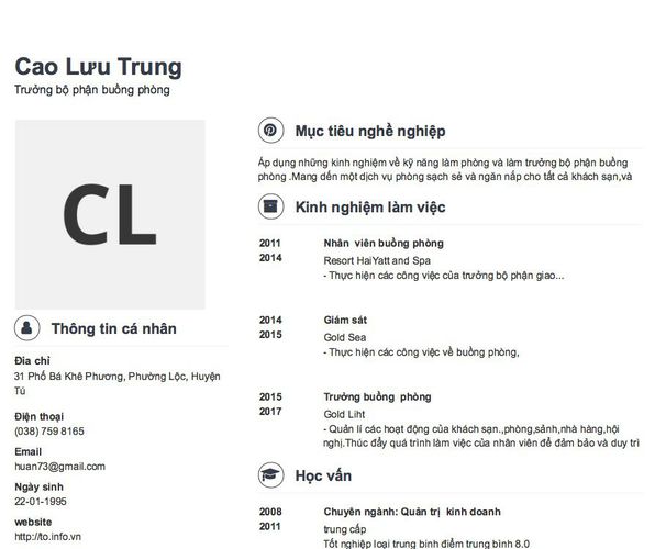Mẫu CV Trưởng bộ phận buồng phòng