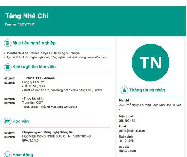 Mẫu CV Fresher RUBY/PHP