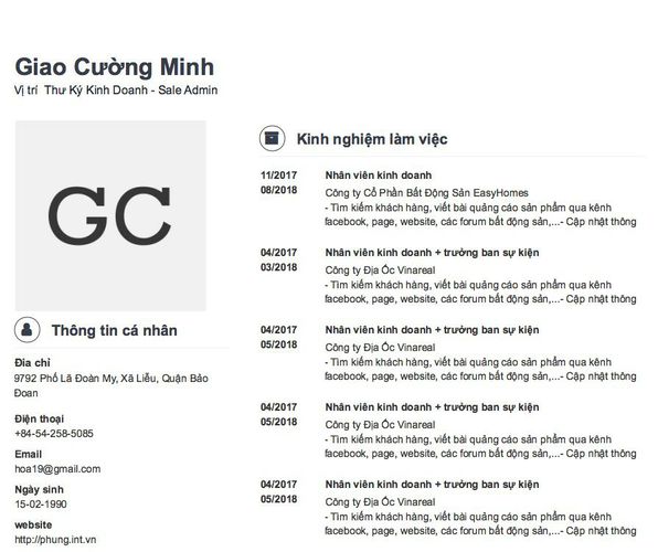Mẫu CV Vị trí  Thư Ký Kinh Doanh - Sale Admin