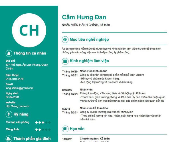 Gợi ý cách viết Mẫu CV tham khảo NHÂN VIÊN HÀNH CHÍNH, kế toán