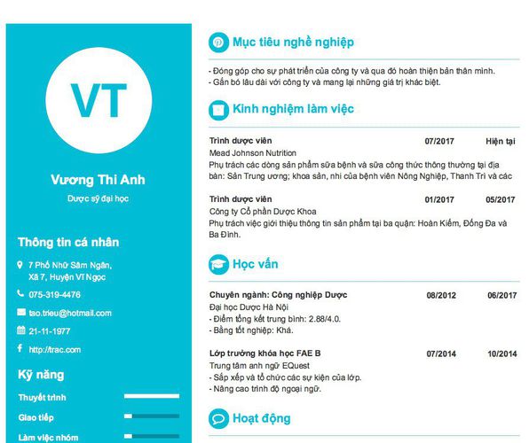 Mẫu CV Dược sỹ đại học
