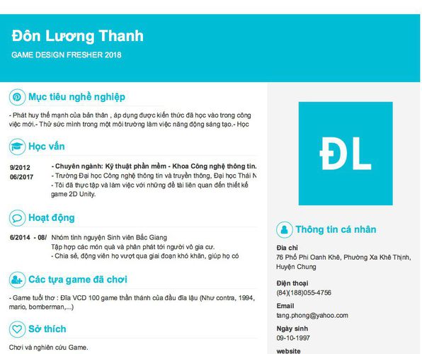 Mẫu CV GAME DESIGN FRESHER 2018