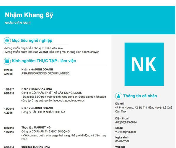Mẫu CV NHÂN VIÊN SALE