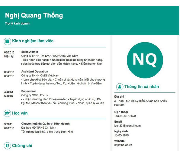 Mẫu CV Trợ lý kinh doanh