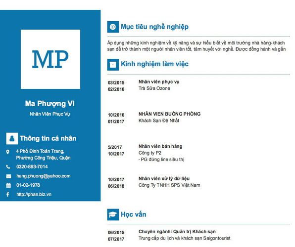 Mẫu CV Nhân Viên Phục Vụ