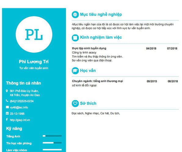 Mẫu CV Tư vấn viên tuyển sinh