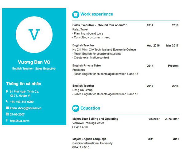Mẫu CV English Teacher - Sales Executive
