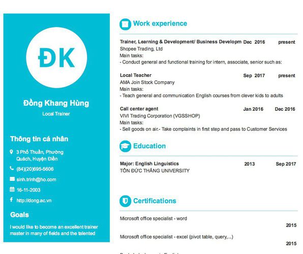 Mẫu CV Local Trainer