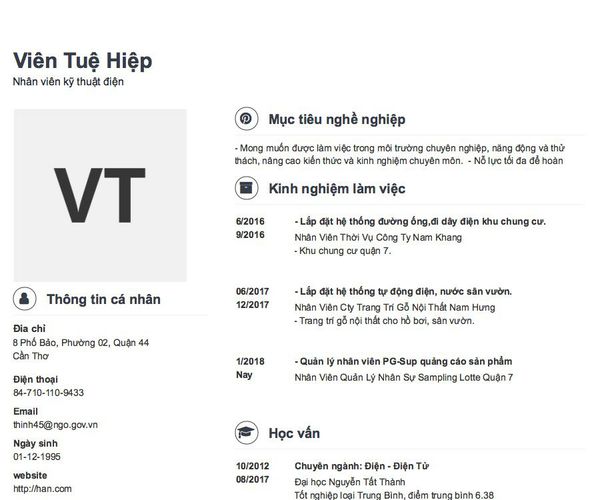 Mẫu CV Nhân viên kỹ thuật điện
