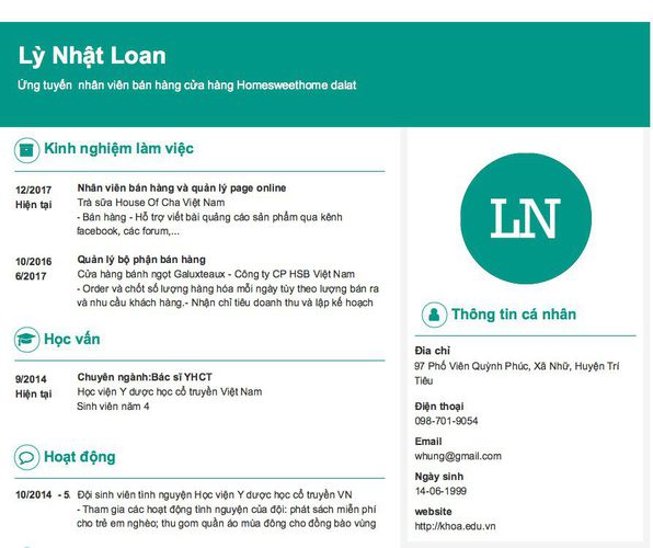 Mẫu CV Ứng tuyển  nhân viên bán hàng cửa hàng Homesweethome dalat
