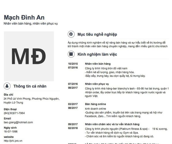 Mẫu CV Nhân viên bán hàng, nhân viên phục vụ