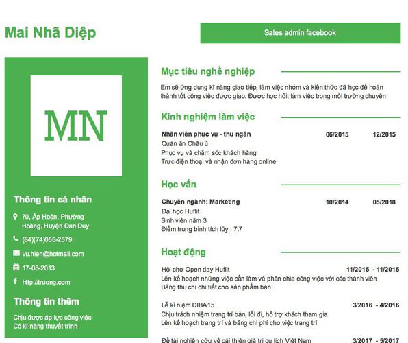 Mẫu CV Sales admin facebook