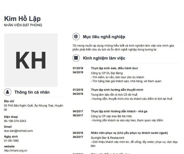 Mẫu CV NHÂN VIÊN ĐẶT PHÒNG