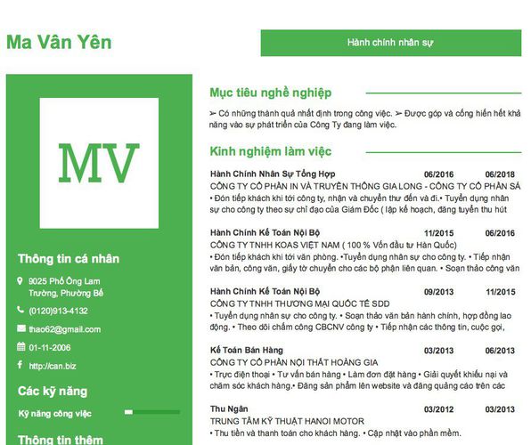 Mẫu CV Hành chính nhân sự