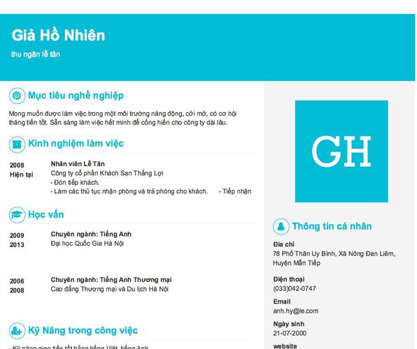 Mẫu CV thu ngân lễ tân