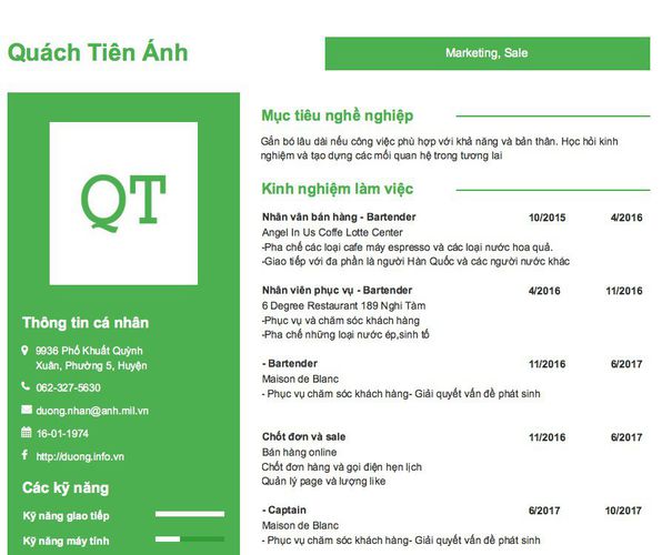 Mẫu CV Marketing, Sale