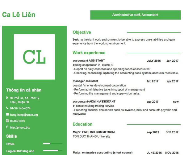 Mẫu CV Administrative staff, Accountant